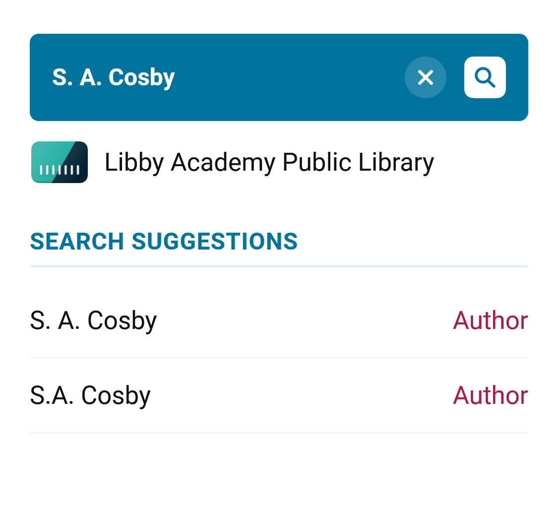 Kør en eksempel-søgning på Libby Academy Public Library efter forfatteren S.A. Crosby