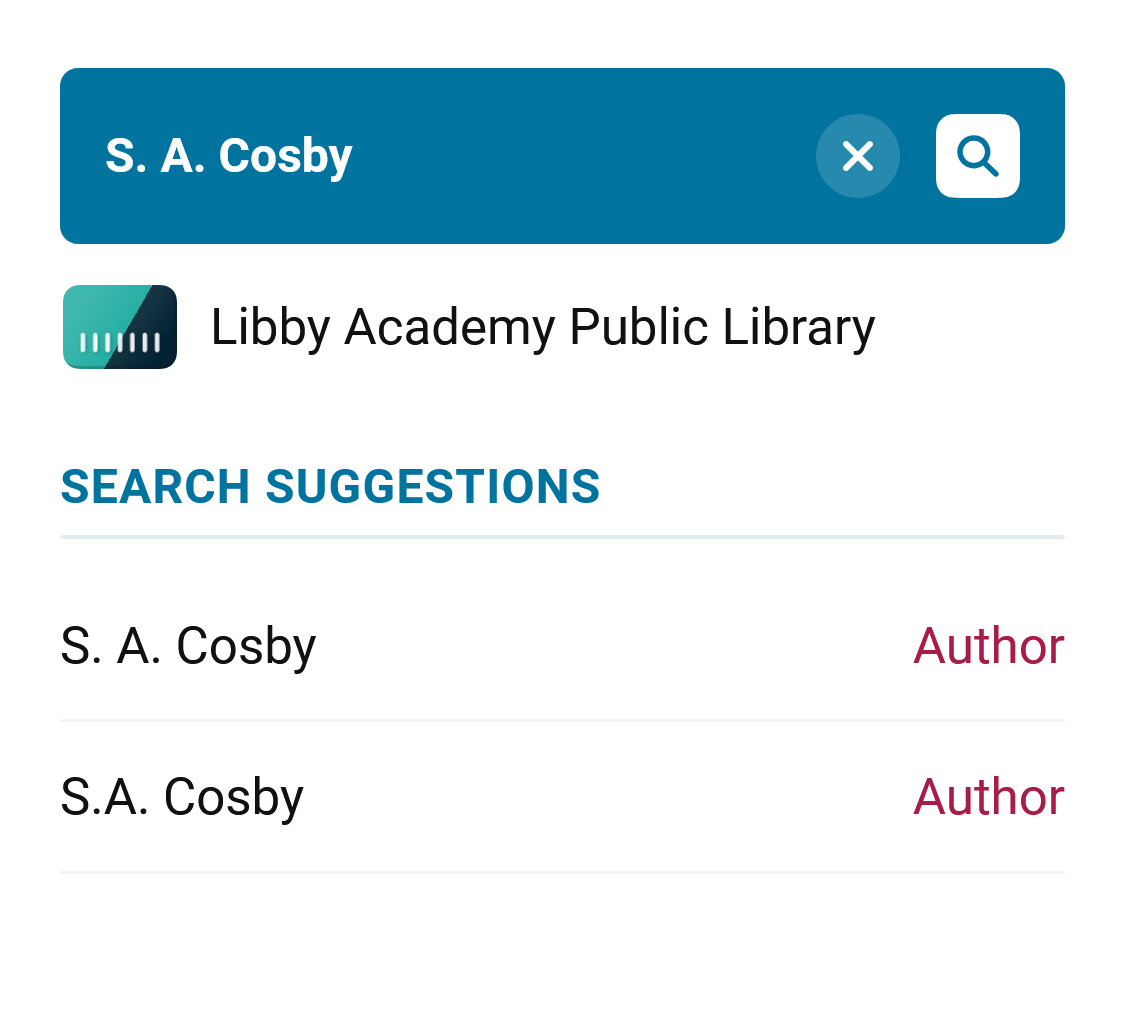 Ausführen einer Beispielssuche nach dem Autor S. A. Crosby in der Libby Academy Public Library