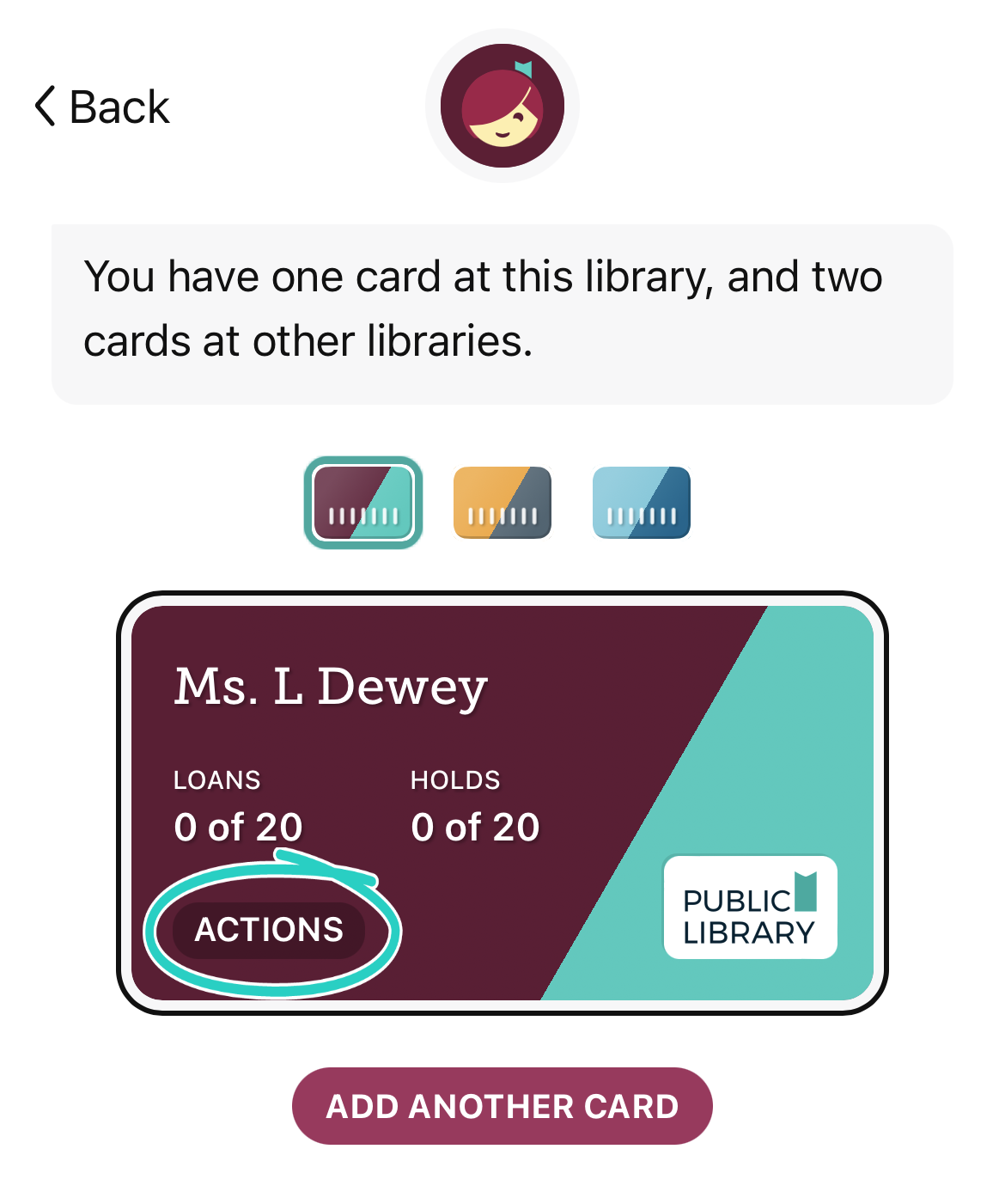 Card's action button highlighted on the library cards screen