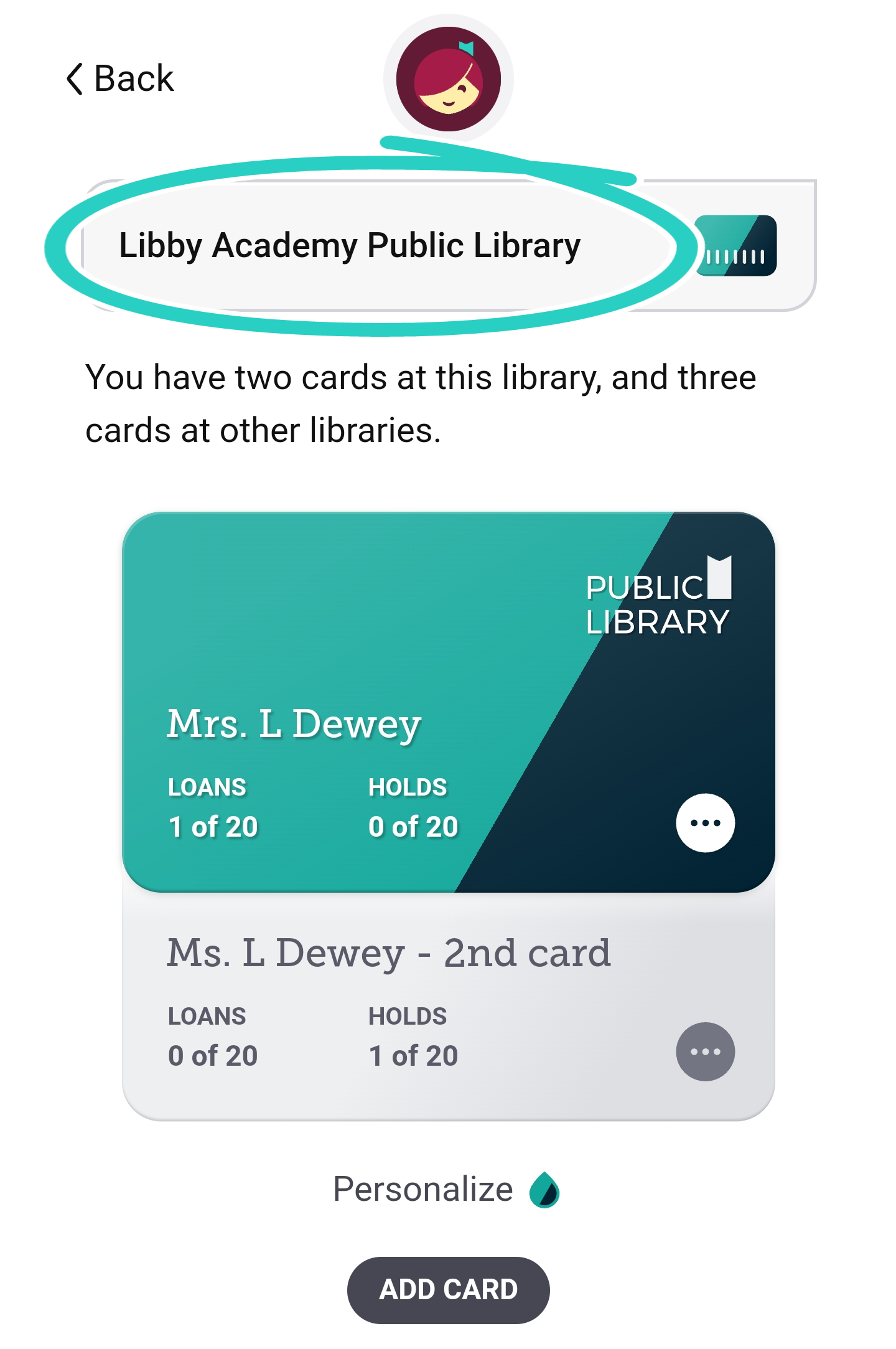 Library selector highlighted on the library cards screen.