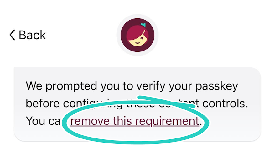 Screenshot of content controls screen with "remove this requirement" hypertext highlighted
