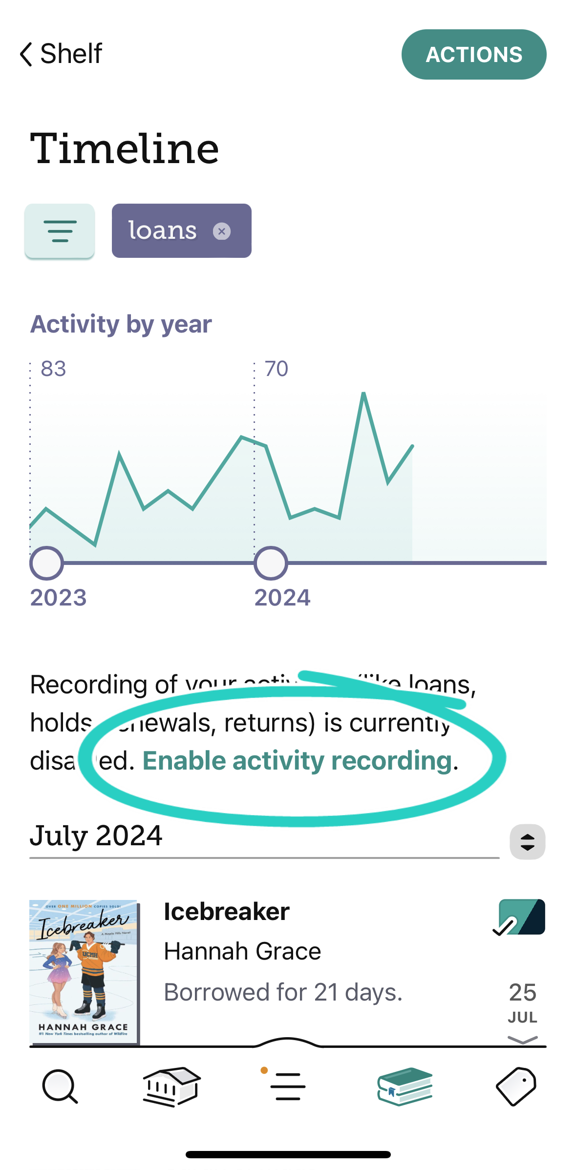 top of timeline tab screen with "enable activity recording" hypertext circled