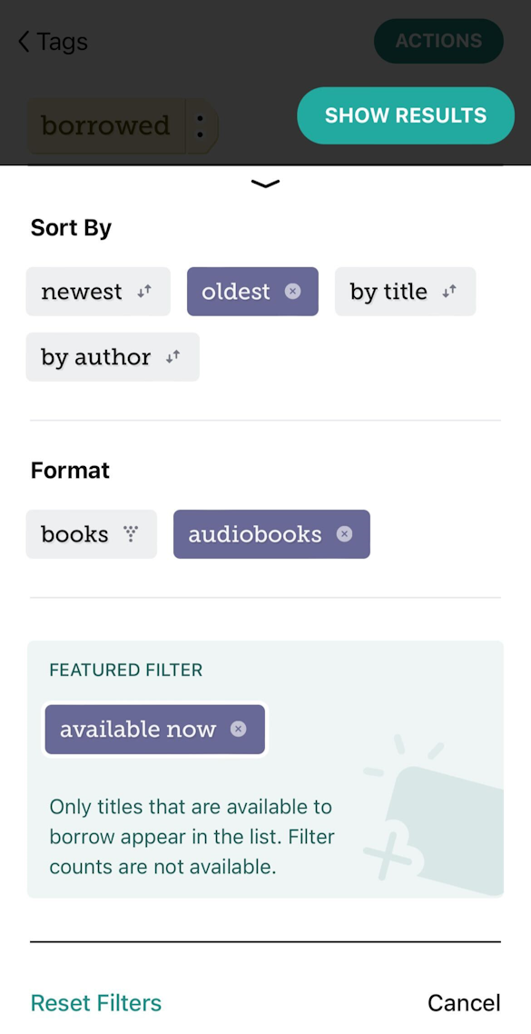 tags filter menu with "oldest," "audiobooks," and "available now" filters enabled