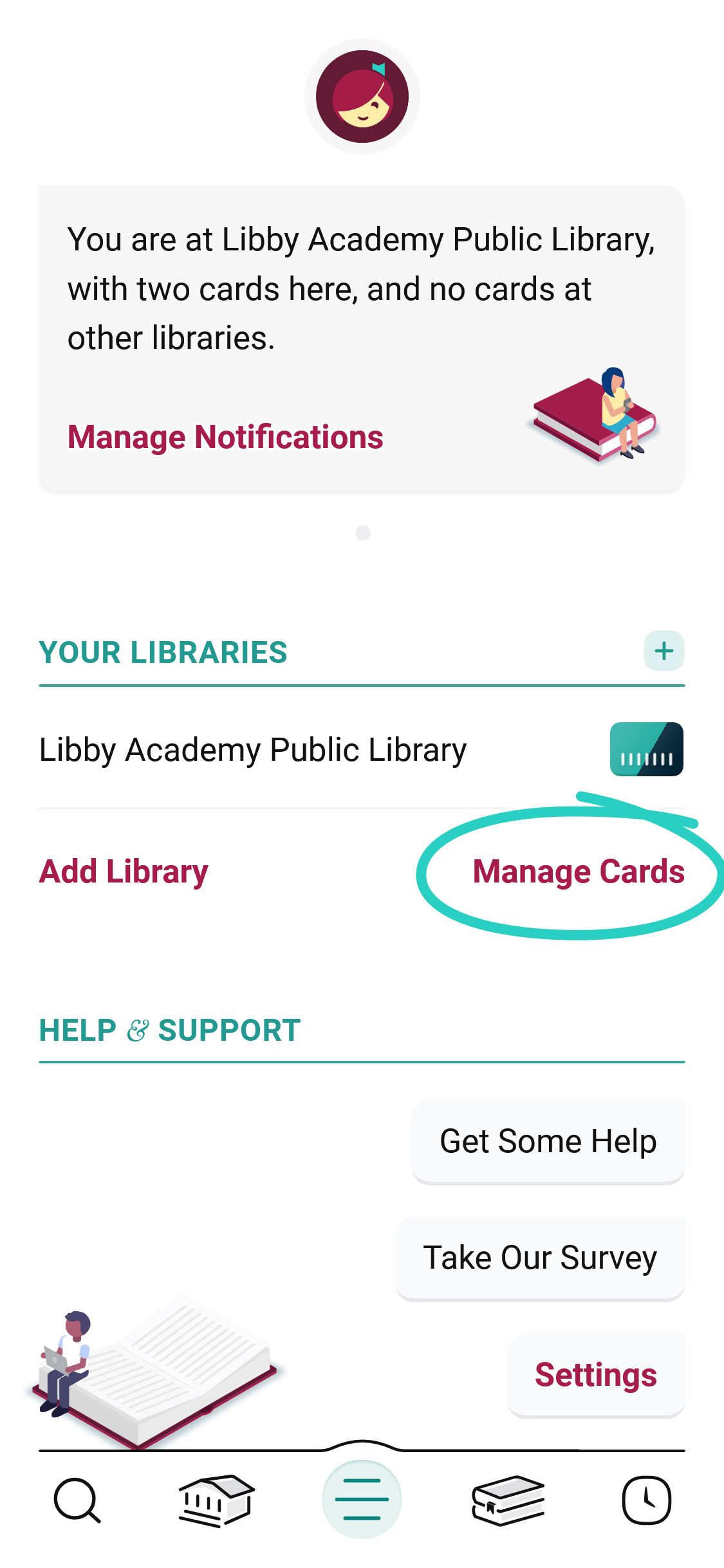 El enlace administrar tarjetas encerrado en un círculo debajo de tus bibliotecas guardadas en el menú de Libby