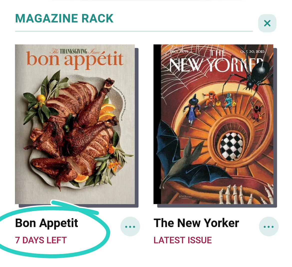 Porte-magazine avec l'étiquette « 7 jours restants » encerclée sous un magazine conservé