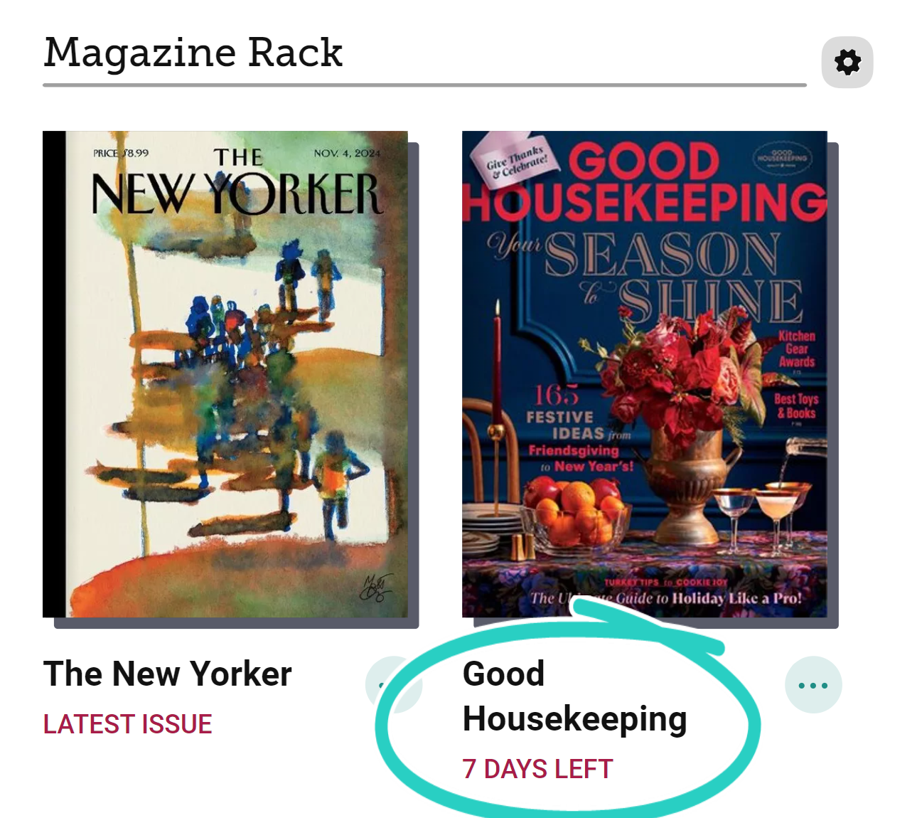 Tímaritastandur með merkinu 7 Dagar eftir með hring undir geymdu tímariti