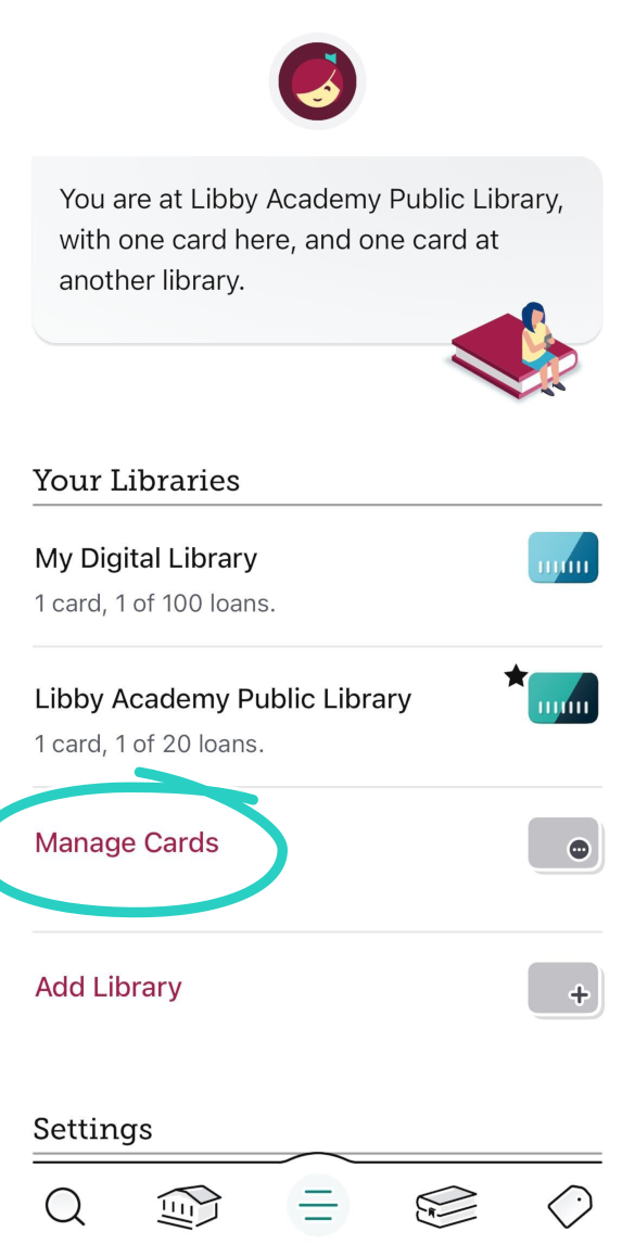 Il link Gestisci le tessere circolettato sotto le biblioteche salvate nel menù Libby
