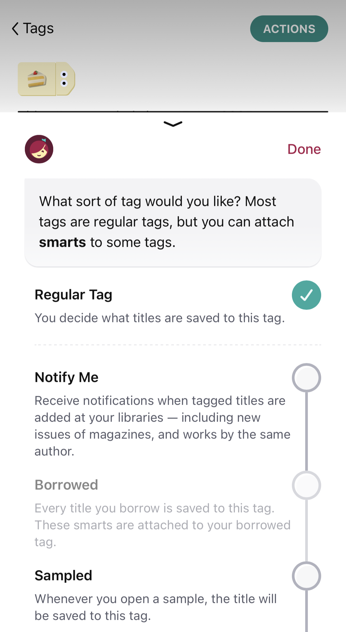Gli smart disponibili comprendono: Avvisami, Preso in prestito, Estratti scaricati e Lista dei desideri di OverDrive.