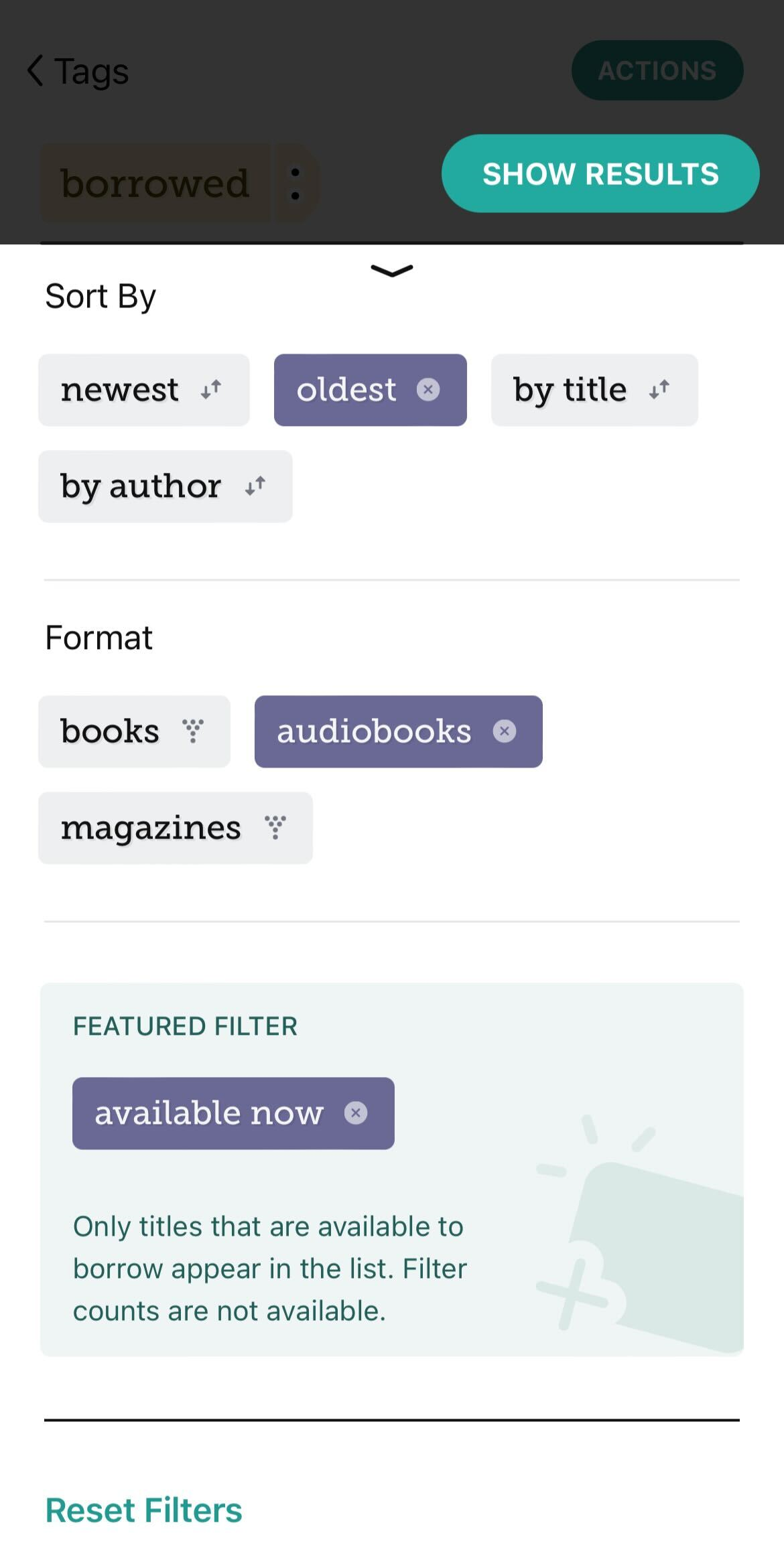 tags filter menu with "oldest," "audiobooks," and "available now" filters enabled